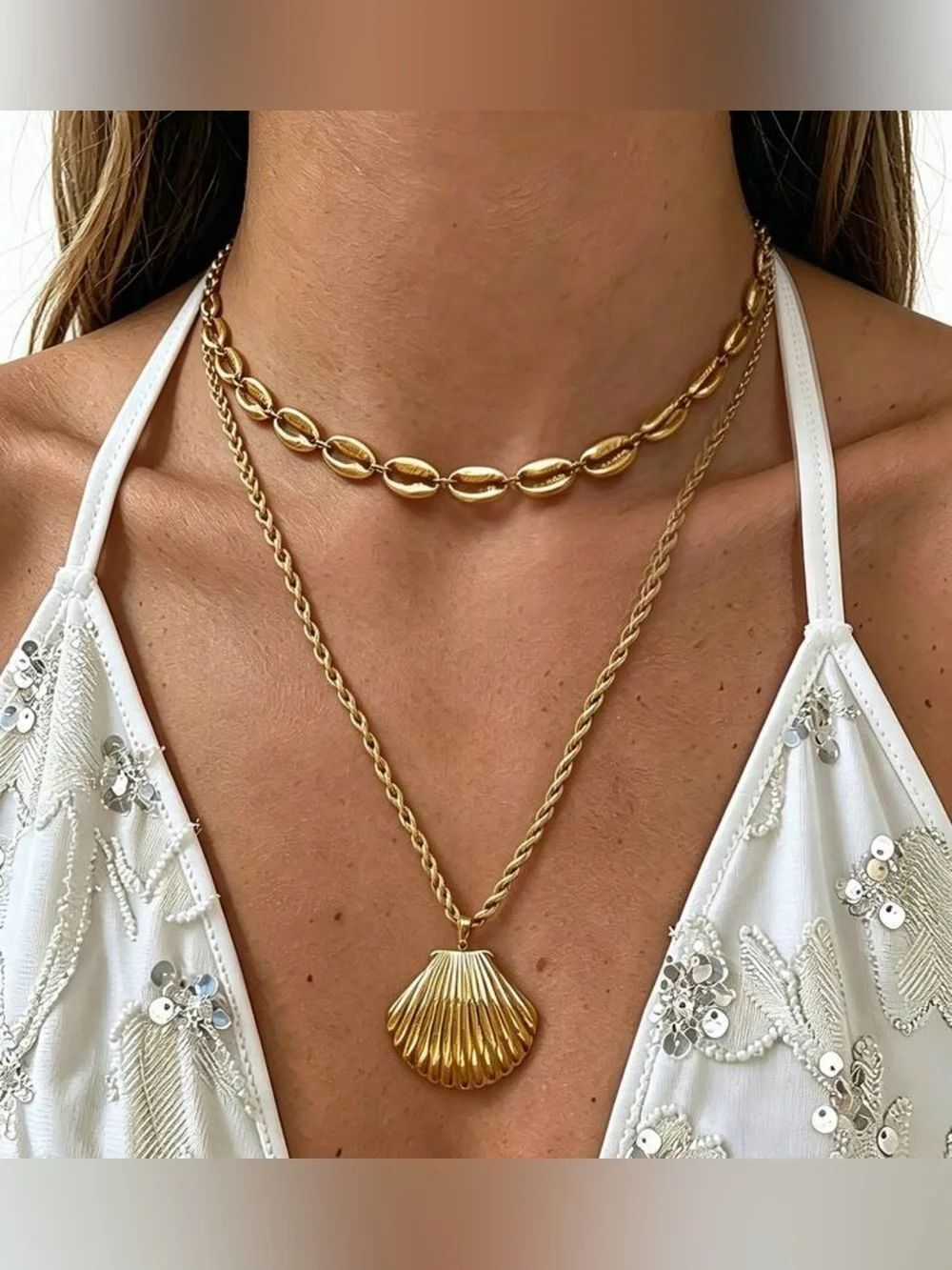 Gold-Tone Shell Pendant & Cowrie Choker Layered Necklace A1701